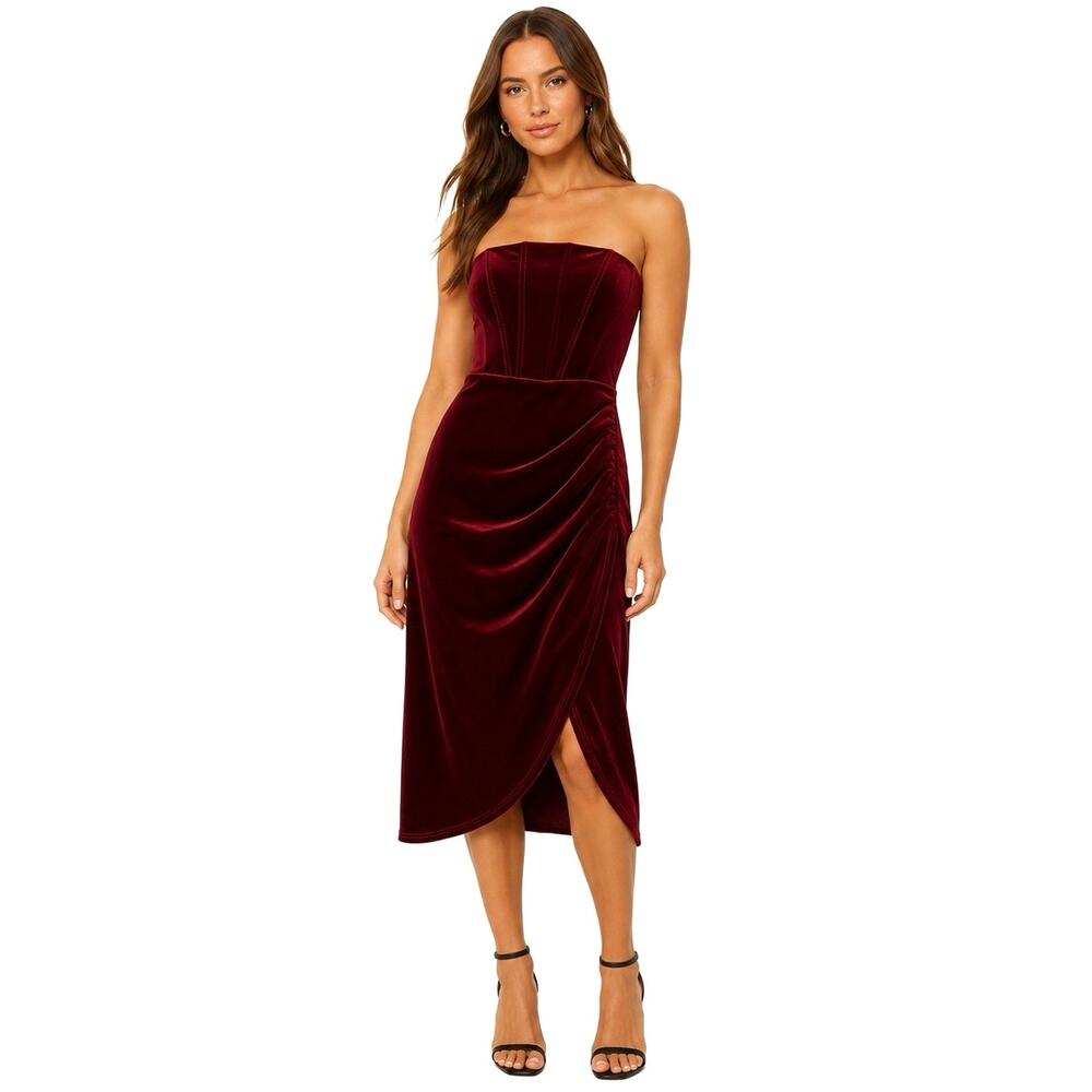 Lulus Burgundy Burgundy Stretch Velvet Strapless Ruched Midi Dress Cocktail S